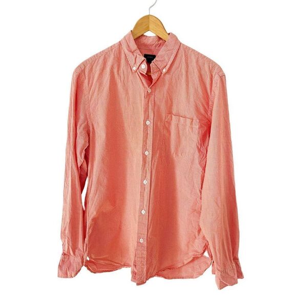 J.Crew Orange Micro Check Gingham Long Sleeve Cotton Button Down Dress Shirt - Picture 1 of 7